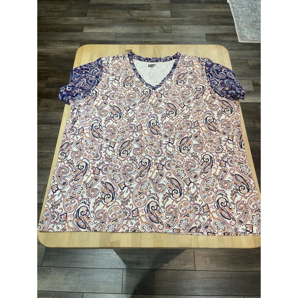 Lands' End T-Shirt Short Sleeve Floral Paisley 100% Cotton Women's Size XL Boho